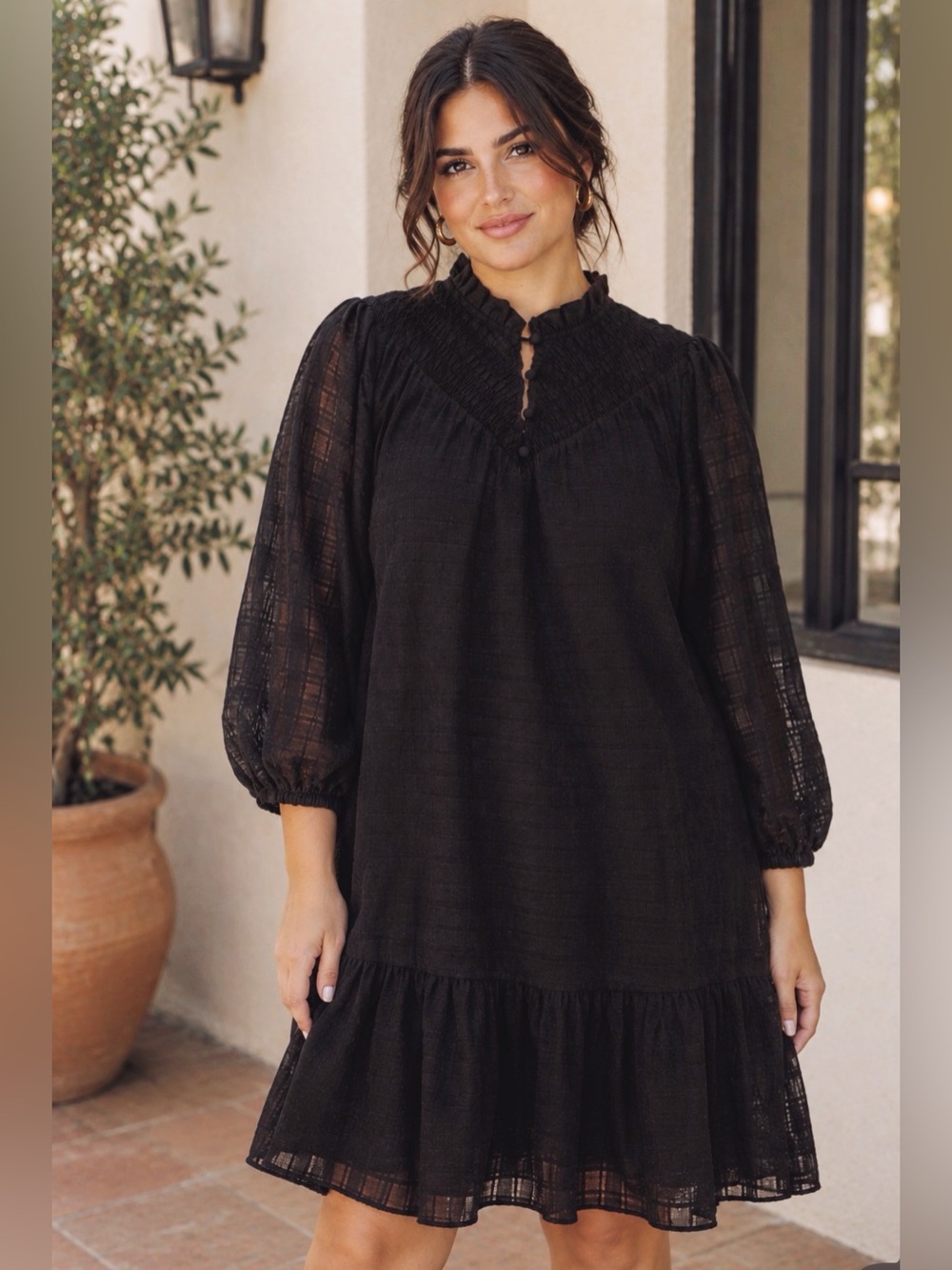 LOFT Tiered Long-Sleeve Dress Black Size Small Petite